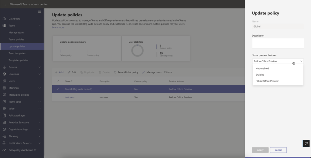 Instellingen Microsoft Teams Preview