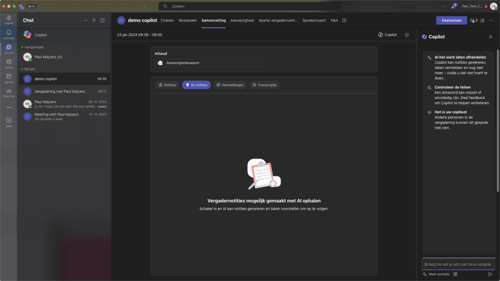 Copilot chat window in samenvatting