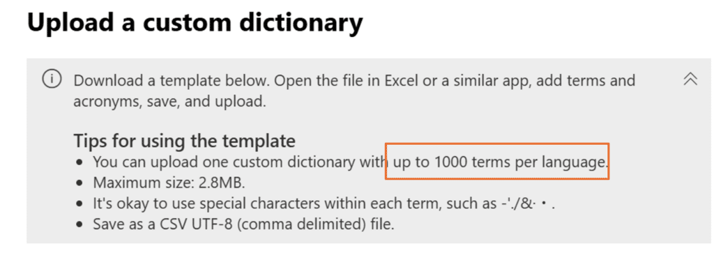 A view of the Copilot Custom Dictionary management pane in the M365 Admin Center, highlighting the new 'Add entries' button and the increased 1,000-word limit.]