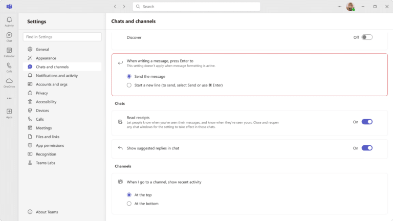 Settings menu for chat options