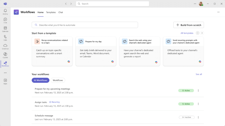 Image showing the AI workflow templates on the homepage of the Workflows app in Teams - KbWorks microsoft teams workflow dashboard