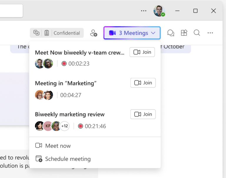 Image showing the Microsoft Teams channel header with the new Ongoing Meetings indicator and Join button - KbWorks Image showing the Microsoft Teams channel header with the new 'Ongoing Meetings' indicator and Join button.