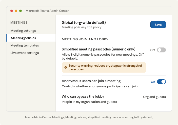 Microsoft Teams meeting policy settings interface