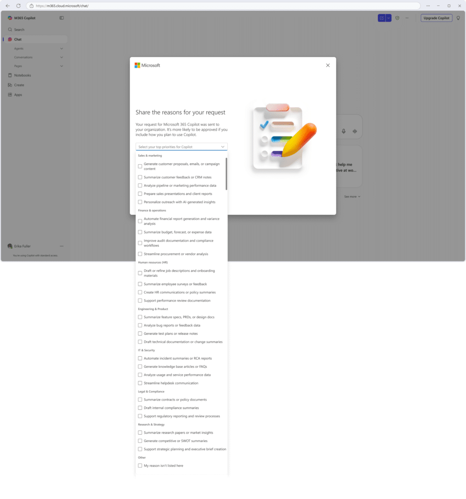 View of the dropdown menu with business justification options: