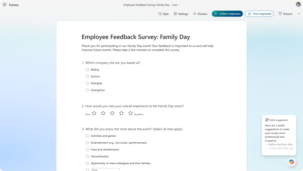 Select the Copilot button to chat, get suggestions, and effortlessly improve your form. 