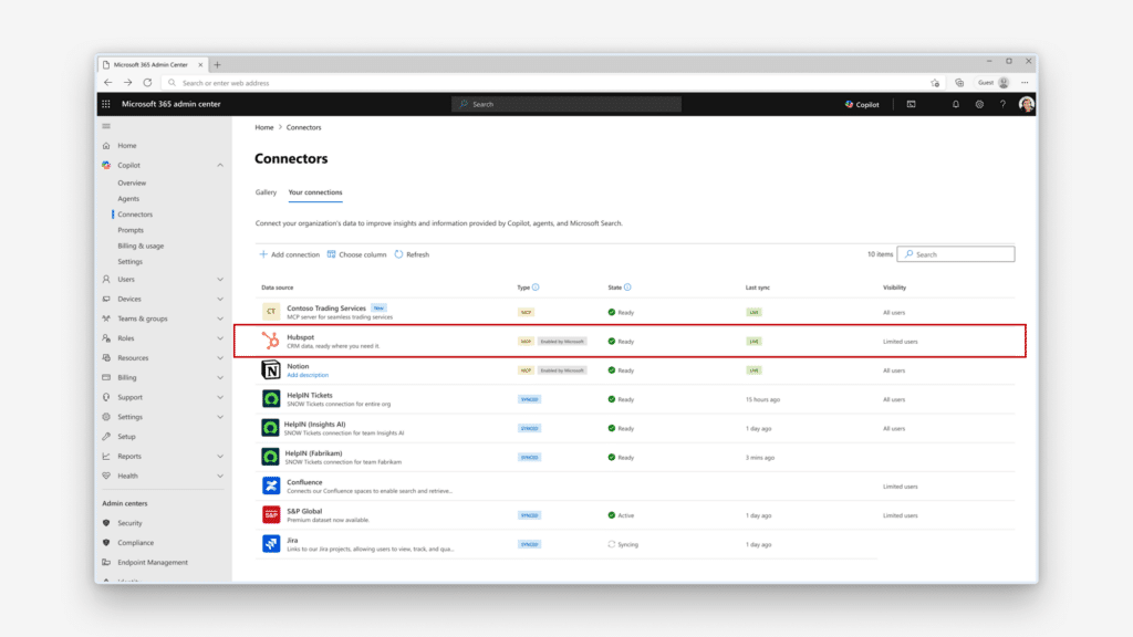 Screenshot: Connect and use federated Copilot connectors