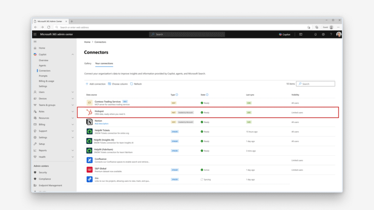 Screenshot: Connect and use federated Copilot connectors