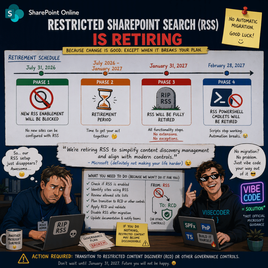 Satirical image showing the retirement of Restricted SharePoint Search (RSS) in SharePoint Online, with a timeline from July 2026 to February 2027 and a required migration to Restricted Content Discovery.