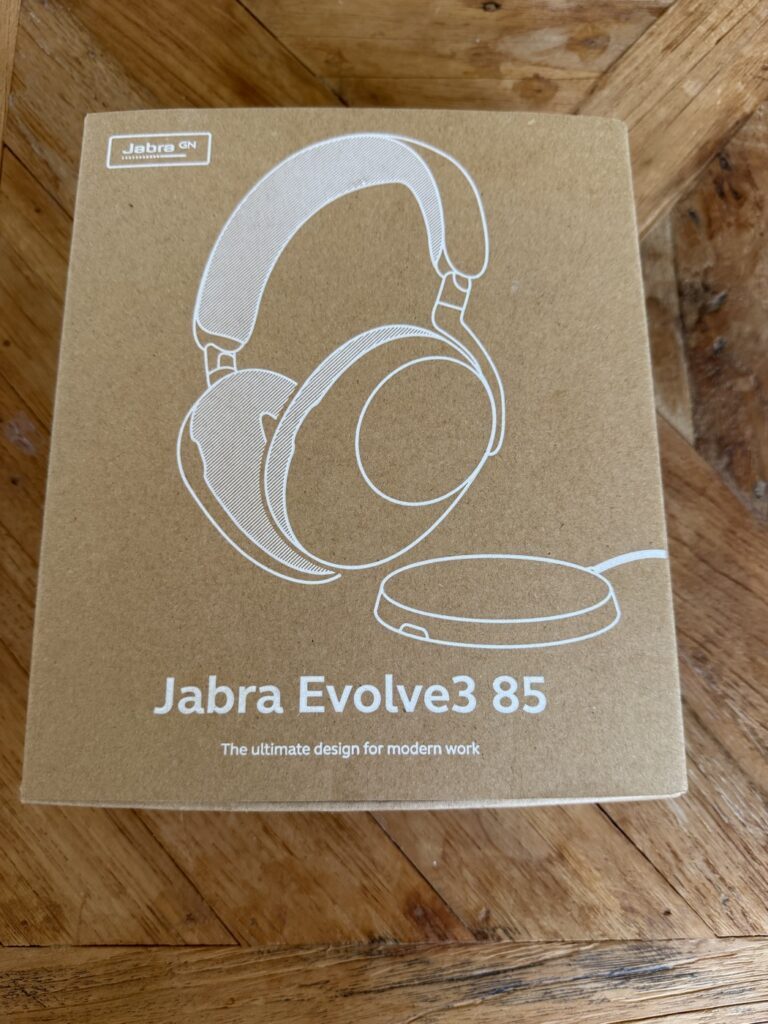 Jabra Evolve3 85 box on a wooden table
